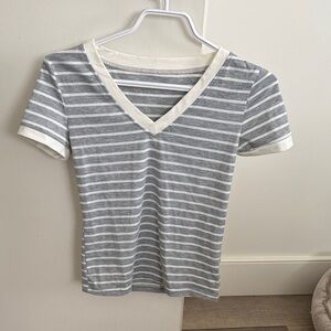 Striped Gray and White V-Neck Women's Top